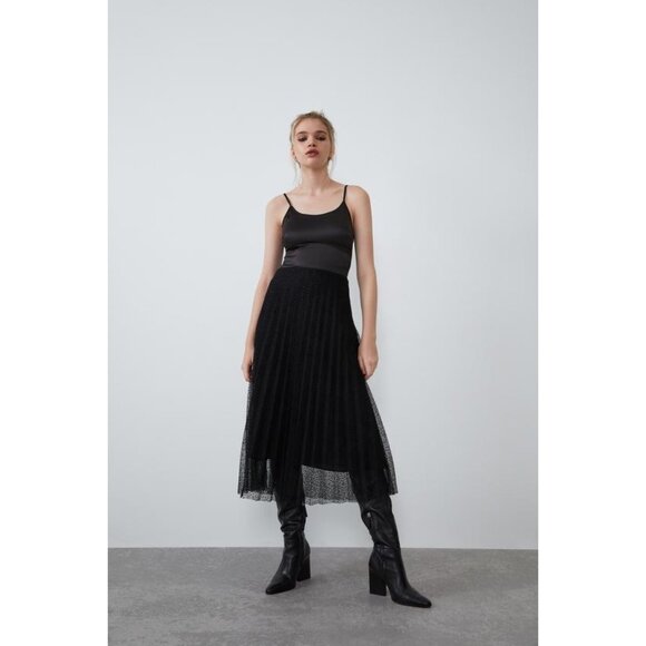 NWOT Zara black polka dot organza mesh overlay pleated skirt, L - Picture 5 of 7